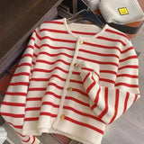 Korean Fashion Sweater Cardigan White Black Striped Knitted Sweater Women 2023 Winter Short Single-breasted Long Sleeve Tops Fem