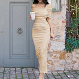 Off the Shoulder Maxi Dresses for Women 2023 Fashion Solid Pleated Bodycon Dress Long Sleeve Elegant Party Evening Dress