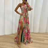 Formal Evening Gown with Slits Floral Print Evening Dress Elegant One Shoulder Floral Print Maxi Dress for Women for Party