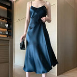 greatnfb  Summer Evening Dress Spaghetti Strap Pullover Satin Wedding Party Midi Dress Slim Fit Women Evening Dress Women Garment