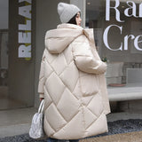 greatnfb Winter Rhombic Lattice Loose Cotton Jacket Coat Women's Solid Color Big Pocket Hooded Jackets Casual Medium Long Parka 2024 New