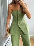 Sleeveless Women's 2-piece Pants Set 2024 Spring Solid Single Breasted Split Tops High Waist Wide Leg Trousers Female Pants Sets
