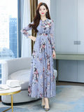 Blue Floral Vintage Chiffon Long Sleeve Dress Spring Autumn 2023 Womens Fashion Prom Maxi O-Neck Bodycon Evening Midi Dresses