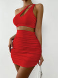 Sexy One Shoulder Hollow Out Mini Dress Sleeveless Backless Women Party Nightclub Bodycon Outfit Two Piece Set