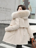 greatnfb Winter Coat Low Price On Sale Women Beige Add Wool Thick Warmth Fur Hooded Parkas Jacket 2024 New Fashion Belt Slim Cotton Coat