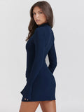 Mozision Dark Blue Two Pocket Sexy Mini Dress For Women  Autumn Winter New Long Sleeve Bodycon Club Party Dress Elegant