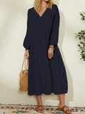 greatnfb Women's Elegant Cotton Linen Dress for Women Casual Summer Maxi Dress Loose Oversized Long Sleeve Crew Neck Shirt Dresses Tunic