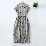 Cotton and Linen Dot V-neck Short-sleeved dress Women's 2024 Summer New Korean Style Loose plus size Elegant Casual dress