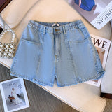 Plus-size women's summer casual denim shorts Classic all-in-one design Blue washed denim multi-pocket home commuter high-waisted