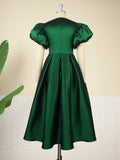 Puff Sleeve Ball Gown Dresses Plus Size Elegant Ladies High Waist Pleated Dark Green Ruffles Shiny Midi Evening Party Outfits