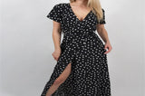 greatnfb Women Long Plus Size Split Dress Polka dot Beach Dress Maxi Dress Female Evening Party Dress Floor-length Beach Hobo Sundress