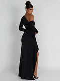 Mozision Oblique Shoulder Thigh High Split Maxi Dress Women Long Sleeve Backless Bodycon Sexy Club Party Long Dress Vestidos