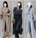 New Autumn Winter Women Knitted Three Piece Set Cardigan Sweater + Single Breasted Vest Tops And Wide Leg Pants Fashion Elegant