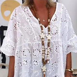 greatnfb Women Mini Dress Fashion V-Neck Hollow Out Embroidery Pattern Short Sleeves White Color Ruffle Dress Summer Casual Loose Cover-u