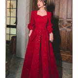 greatnfb Women Evening Dresses Long Sleeve Elegant Square Collar Red Prom Party Dress Long A-line Wedding Guest Evening Dress Graduation