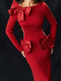 Mozision Elegant Bow Backless Sexy Maxi Dress For Women Fashion Red O Neck Long Sleeve Bodycon Club Party Long Dress New