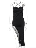 Dulzura Lace Patchwork Women Strap Midi Dress Side Slit Backless Bodycon Sexy Party Club Festival Elegant  Winter Evening