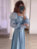 greatnfb Women Chiffon Satin Evening Dress Square Collar Belt Flare Sleeve Pleated Female Dresses 2024 Elegant Lady Y2k Streetwear