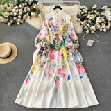 greatnfb  Spring Holiday Flower Linen Dress Women's Stand Long Lantern Sleeve Floral Print Single Breasted Belt Party Maxi Vestidos 6396