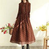 Floral Long-Sleeved Cotton Linen Dresses For Women O-Neck Vintage Long Lace Dress Female Spring Loose Slim Elegant Vestidos