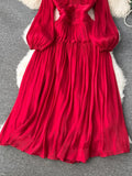 greatnfb  Spring Women Red/Light Purple/Black/White Draped Evening Party Long Dress Elegant Stand Collar Puff Sleeve Maxi Vestido 2024 New