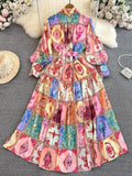 2024 Fashion Designer Holiday Maxi Dress Women's Stand Long Lantern Sleeve Linen Colorblock Print Lace Up Loose Robe Vestido