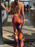 JULISSA MO Elegant Tie Dye Floral Chiffon Dress Summer Sexy Women Backless Lace Bodycon See Through  Beach Party Vestidos