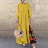 greatnfb Woman Summer Dress Vintage Cotton Linen Three Quarter Sleeve Long Dress Casual Loose Clothing Streetwear Party Dresses