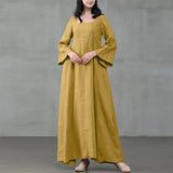 greatnfb  Vintage Cotton Linen Woman Dress Square Collar Long Flare Sleeve Sundress Loose Party Dresses for Women Robe Casual Vestido