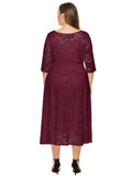 Plus Size Contrast Lace Half Sleeve Semi Sheer Midi Prom Party Wedding Evening Dress For Women