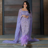 Sharon Said Dubai Luxury Feathers Lilac Evening Dress with Cape Sleeves Ankle Length Midi Arabic Women Wedding Party Gowns SS381