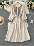 New Bohemian Lndie Folk Style Dress Women Embroidery Vintage Waist Cotton and Linen Holiday Dress Women Lace Up Long Dress G01