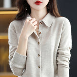 greatnfb Women's Lapel Pure Wool Cardigan Autumn And Winter New Merino Cashmere Sweater Long Sleeve Formal Knitting Top S-XXL