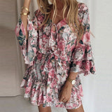 Floral Printing Women'S Dress Short Sleevele Ruffle Mini Dress For Women Elegant Summer V Neck Sweet Cute Dresses Vestidos