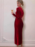 Women Elegant Long Sleeve Party Evening Velvet Bodycon Split Pencil Midi Dress 2024 Spring Autumn Clothes