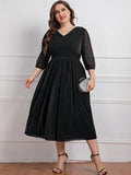 Plus Size V Neck 3/4 Lantern Sleeve Party Midi Dress For Women