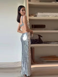 greatnfb Women Sexy Backless Silvery Sling Maxi Dresses Fashion High Waist Bodycon Sleeveless Dress Ladies Evening Party Vestidos Robes