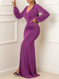 Elegant Evening Dresses Long Patry Gown Sexy Deep V Long Sleeve Mermaid Bodycon Split Maxi Robe Femme