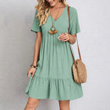 greatnfb  Summer Womens Short Sleeve Mini Dress Ladies Pleated Ruffle Solid Dresses Casual V Neck Vintage Loose Vestidos