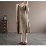 greatnfb  Summer Women's Clothing New Suspender Cotton Linen Solid Color Loose Breathable Covers the Belly Slim A-line Length Dresses