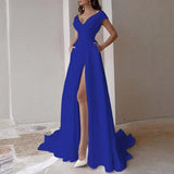 2024 High Street Short Sleeve Solid Color Long Dress Elegant Lady Slim One-piece Holiday Dress Sexy Women Pleated Evening Gowns