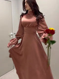 Long Dress New in Spring Fashion Satin Long Sleeves Elegant Robe Dress with Waist High Neck for Women's Commuting Evening Dress