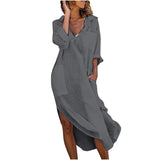 Simple Style Cotton Linen Solid Color Dresses Women's Lapel Splicing Pocket Split Hem Dressy Ladies Casual Loose Breathable Gown