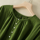 Limiguyue Green Cotton Linen Dress High Waist Summer Vintage O-neck Buttons Midi Long Dress Slim Loose Belt Elegant Vestidos