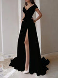 greatnfb  V-neck Ruffled Long Evening Dress High Waist Slit Sleeveless Elegant Party Dresses 2024 Sexy Irregular Solid Graduation Dresses