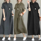 greatnfb платье с декольте юбка женская Women Cotton Linen Pocket Dress Korean O-Neck Short Sleeve Loose Solid Midi Shirt Dresses