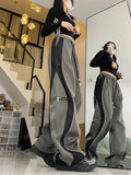 Y2K Line Design Pant Women Drawstring Pockets Wide Leg Chic Punk Pants Baggy Striped Sports Sweatpants Parachute Jogger Trousers