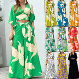 Floral Print V-neck Lace Up Suit High Waist Wide Leg Pants And Lantern Sleeve V-neck Top Set Women's Clothing