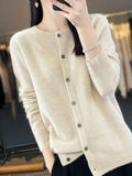 Long Sleeve 100% Pure Merino Sweaters Wool Spring Autumn Cashmere Women Knitted  O-Neck Top Cardigan Clothing Tops