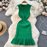 greatnfb  Summer Knitted Bodycon Sexy Dress 2024 O Neck Sleeveless Ruffled Party Sundress High Street Elastic Slim Short Dress